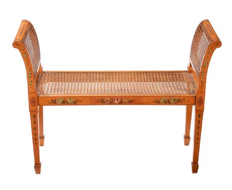 A Sheraton Revival satin walnut and polychrome painted window seat, first quarter 20th century, with rattan panels throughout