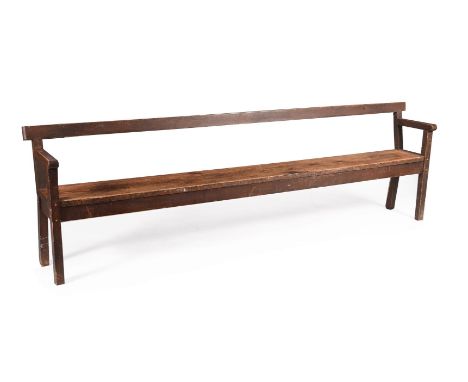 A pine hall bench or seat, late 19th/early 20th century, of long proportion, possibly from waiting room or station platform, 