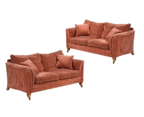 A pair of walnut and red and gold striped sofas, in late 19th century style, last quarter 20th century, with removable back, 