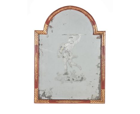 A red lacquer and parcel gilt framed wall mirror, late 18th century, the arched plate with central engraved decoration, 67cm 