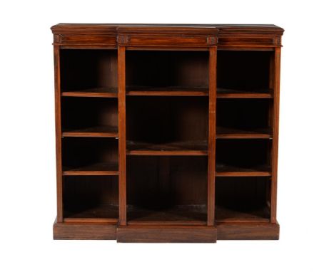 A late Victorian walnut breakfront open bookcase, late 19th century, 121cm high, 129cm wide, 39cm deepCondition Report: Marks