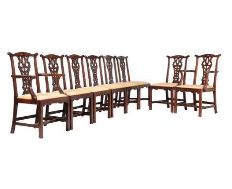 A set of eight mahogany dining chairs in George III style, early 20th century, after the manner of Thomas Chippendale, to inc