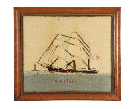 A woolwork picture of the Royal Navy ship HMS Ruby, mid 19th century, depicted on a calm sea with lighthouse in distance and 