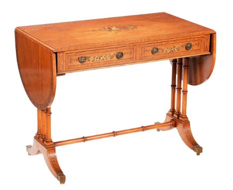 A Sheraton Revival satinwood and polychrome painted sofa table, second half 20th century, 74cm high, 127cm wide (open), 51cm 