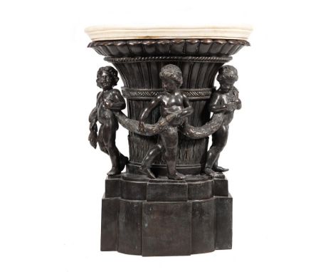 A patinated metal and marble topped console table, 20th century, 101cm high, 71cm wide, 37cm deep