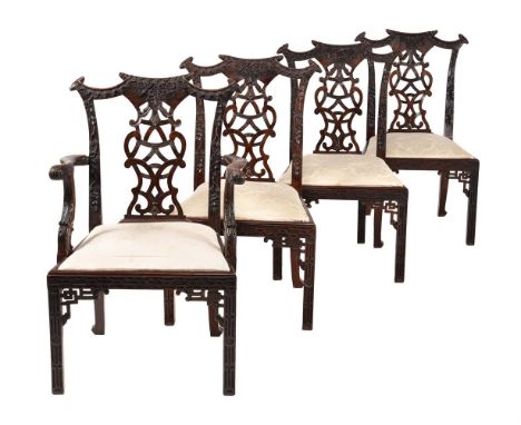 A set of eight carved hardwood dining chairs in George III style, 20th century, after the designs of Thomas Chippendale, to i