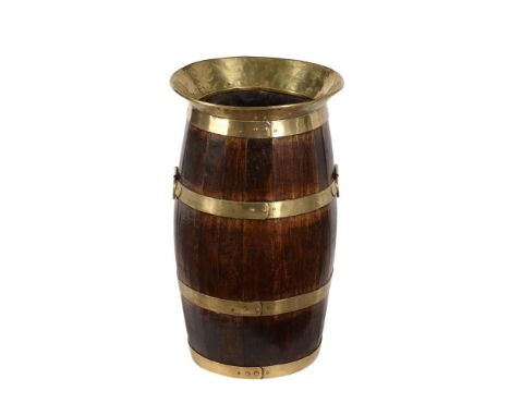 A late Victorian brass mounted stick or umbrella stand, circa 1900, in the form of a coopered barrel, with planished everted 