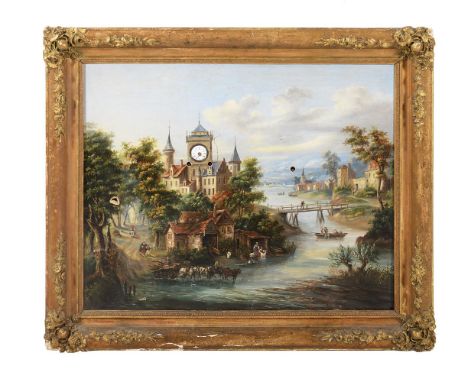 A picture clock, mid-19th century, with oil on canvas of a continental estuary and buildings, the townhall with inserted enam