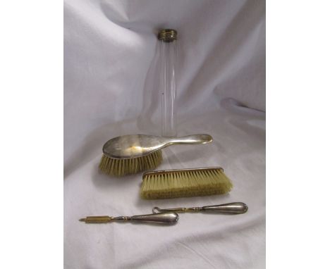 2 silver brushes, silver topped scent bottle & 2 button hooks