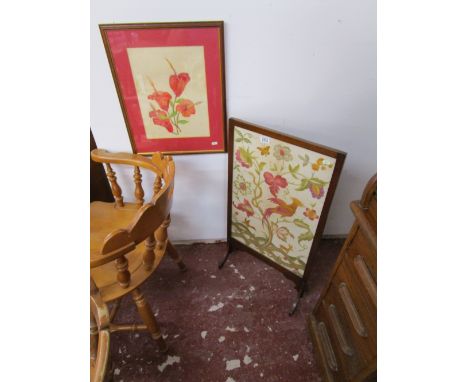 Embroidered fire screen and watercolour of Hibiscus