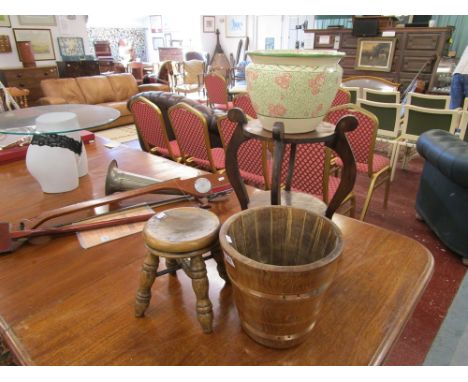 Small stool, brass bound pot, table & jardinière