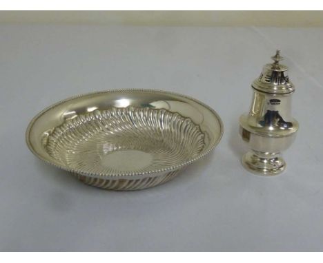 White metal fruit bowl stamped Sterling and a silver sugar sifter