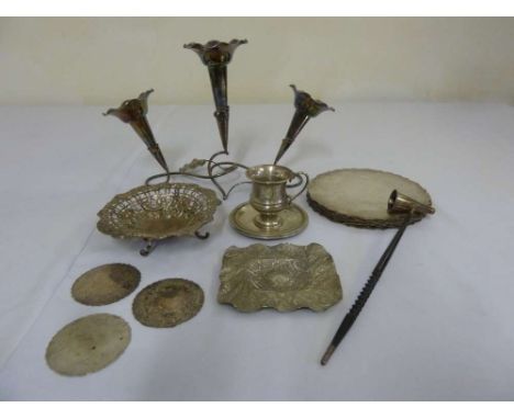 A quantity of white metal and silver plate to include a mug, bonbon dish and an epergne