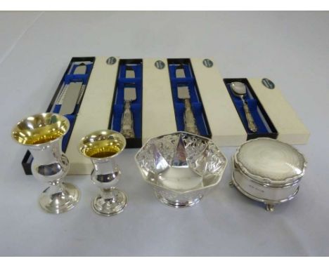 A quantity of silver to include two Kiddush cups, a bonbon dish, a covered box and four cased silver handled knives
