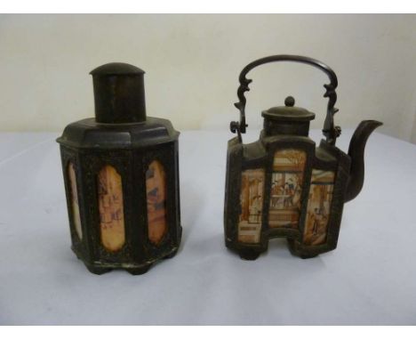 Swatow pewter teapot and a tea caddy with painted panels