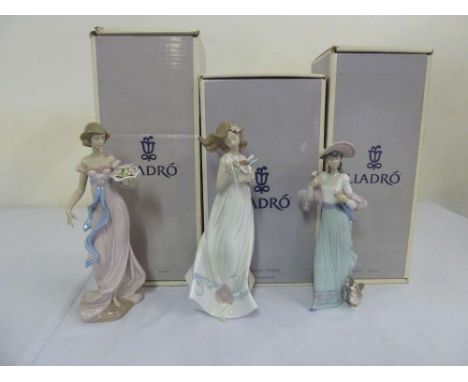 Lladro three figurines of ladies Butterfly Treasures 010.0677, Spring Flirtation 06365, Sundays Best 06246, all in original p