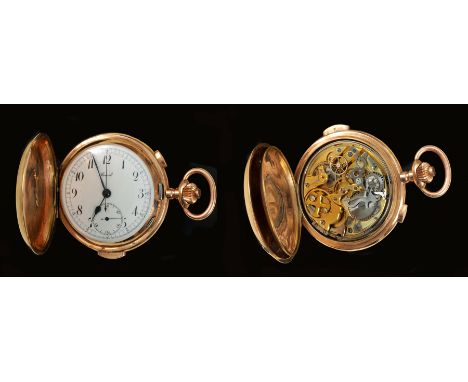 A Rocail full Hunter Chronograph Pocket Watch with quarter repeater, the white enamel dial with arabic numerals, subsidiary s