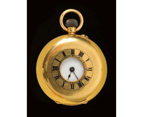 An 18ct gold cased Lady's Half Hunter Fob Watch, the white enamel dial with roman numerals, in original fitted box