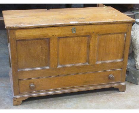 A 19th Century oak three panel Coffer Bach fitted single drawer on bracket feet, 2ft 7in W x 1ft 8in H