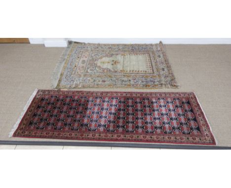 A multi-bordered Persian Prayer Rug with hanging lantern in the beige ground mihrab, 5ft 6in x 3ft 9in and a small modern Run