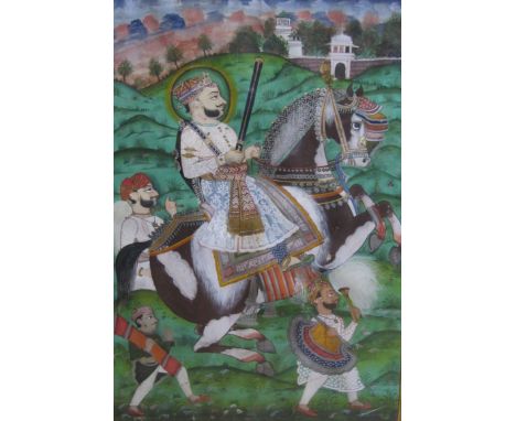 KOTAH SCHOOL, MID 19th CENTURYPortrait of Maharao Ram Singh 11(r.1827-1866) on horseback with retainersgouache with gold and 