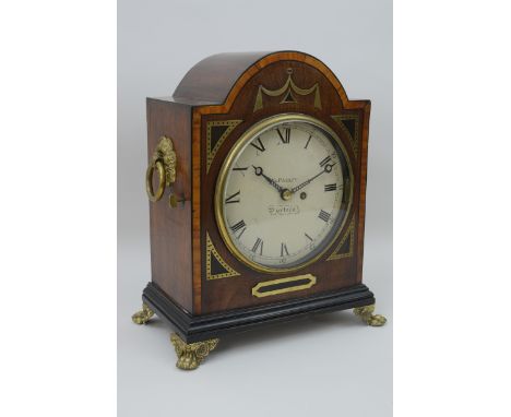 A 19th Century mahogany Bracket Clock with brass inlay and mounts, the circular dial inscribed G. Pasxey, Portsea, with fuseé