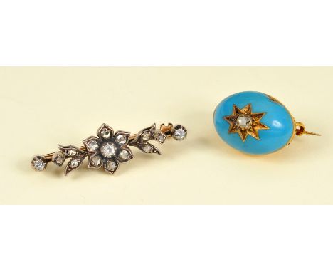 A Diamond Brooch with flower and leafage plaque on knife blade bar claw and pavé-set old and rose-cut stones and a Diamond an