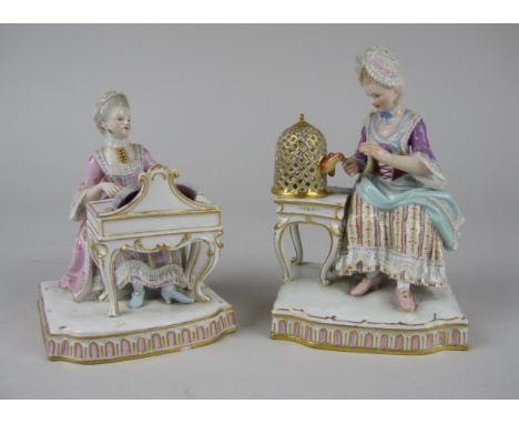 Two 19th Century Meissen Senses Figures: E1 The Hearing Lady playing the Spinet and E4 The Feeling Lady with bird in cage, 5 