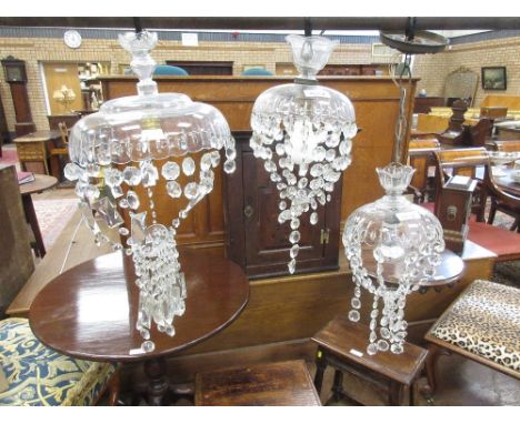 A glass circular Ceiling Light with cut baguette drops, 12in, and a pair similar, 8in