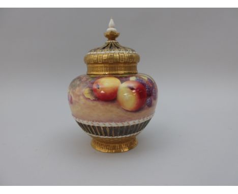 A small Royal Worcester Pot Pourri Vase and Cover (no inner lid), painted peaches, apples, grapes and berries on a mossy grou