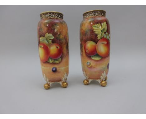 A pair of Royal Worcester cylindrical Vases, with pierced trellis band to top, painted apples, grapes, plums, berries and pea