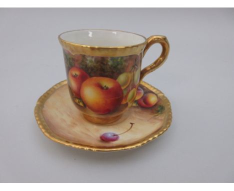 A Royal Worcester Coffee Cup and Saucer, the cup painted apples, grapes, on a mossy ground, signed Bowen and a similar saucer