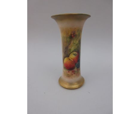 A Royal Worcester concave Vase with flared rim, painted apples and blackberries on a white and blush ground, no G923, puce ma