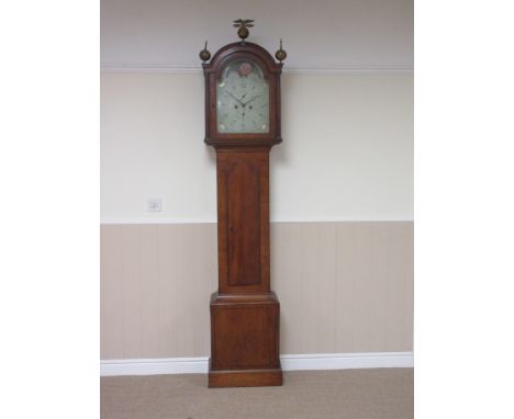 A 19th Century Longcase Clock with painted arched dial having rolling moon movement, subsidiary seconds and date dials inscri