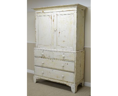 A late Georgian painted pine Press Cupboard with pair of panelled doors above two short and two long drawers on bracket feet,