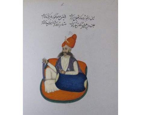 COMPANY SCHOOL, MID 19th CENTURYPortrait of Gaekwar of Barodainscribed in nastaliq script on blue tinted english paper, unfra