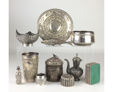 A collection of Indian silver and plated wares, Including a Kashmir kashkul shaped bowl and hardstone set snuff box, hammered