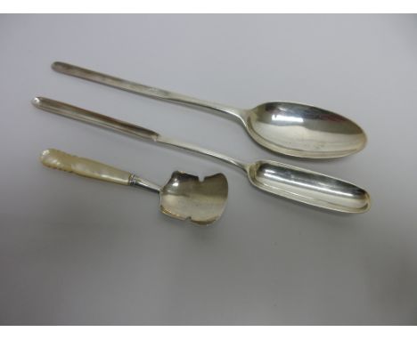 A George II silver Marrow Scoop/Table Spoon, London 1751, a Marrow Scoop, London 1803 and a Victorian Caddy Spoon with mother