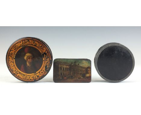 A 19th Century lacquered and painted circular Box for the Ottoman market,Depicting a portrait of a gentleman in a turban, pos