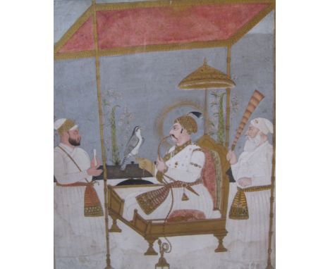 DECCANI SCHOOL (?) LATE 18th CENTURYPortrait of a ruler, traditionally identified as Mahomed Shah (sic) with a falcon, flanke