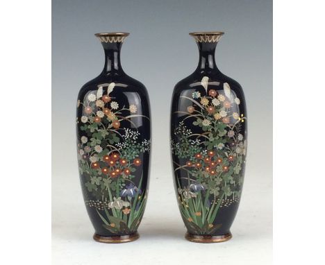 A pair of small Japanese cloisonné enamel Vases, cloisonné Dish and Bowl, Meiji Period, The midnight blue ground vases decora