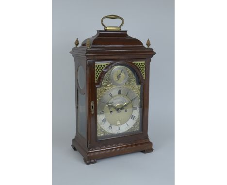 A George III mahogany Bracket Clock having caddy top, arched brass dial inscribed Edward Pistor, London, strike silent dial a