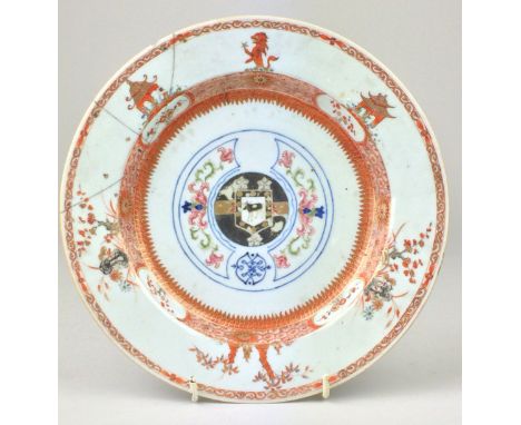 A Chinese rouge de fer and famille rose armorial Plate, probably for the Dutch market,  Yongzheng, c.1740. the centre decorat