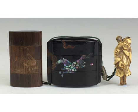 Two Japanese Inro,Meiji/Taisho Period,Including an aogai inlaid roiro nuri case decorated with a horse, figural bone netsuke,