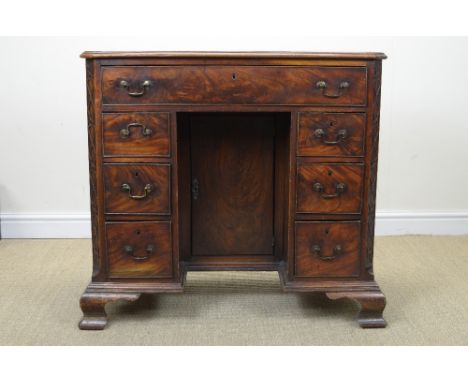 A George III mahogany Kneehole Desk with cross-banded top above one long and six small drawers, cupboard to the knee hole, bl