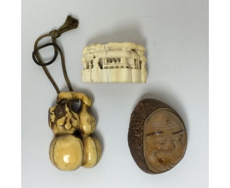 Three Japanese Netsuke, Meiji/Taisho Period,Comprising an ivory netsuke of two conjoined gourds, 2in. long, an ivory netsuke 
