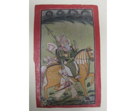 JODHPUR, RAJASTHAN, EARLY 19th CENTURYA Portrait of a Ruler, riding on horseback, with two attendantsgouache on paper, unfram