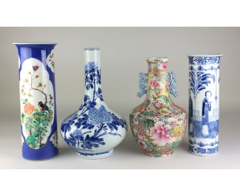 Four 19th Century Chinese porcelain Vases, Comprising a famille verte sleeve vase and a blue and white sleeve vase, both bear