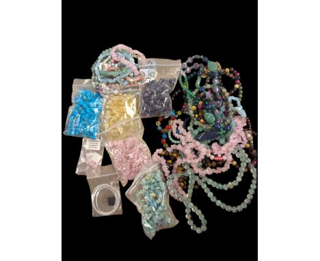 Collection of bead necklaces, bracelets and other jewellery, including tiger's eye, gate, rose quartz etc 