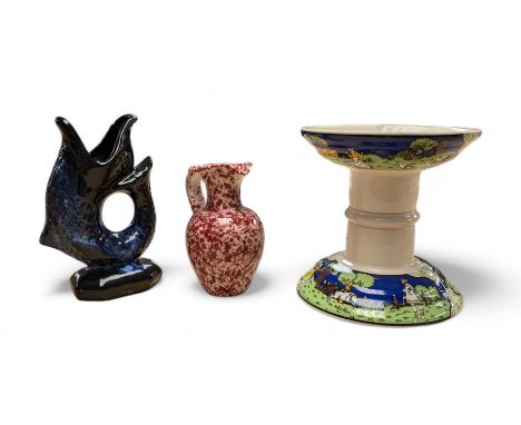 Mason's Ironstone for Harrods ceramic stand decorated with Medieval scenes, pink speckled jug and a blue glug jug, stand H20c